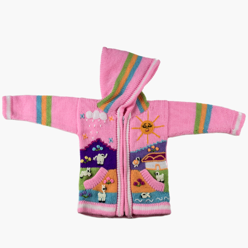 A light pink children's cardigan with colorful embroidered animals and fairy tale themes on the sleeves, featuring a hood with colorful stripes.
