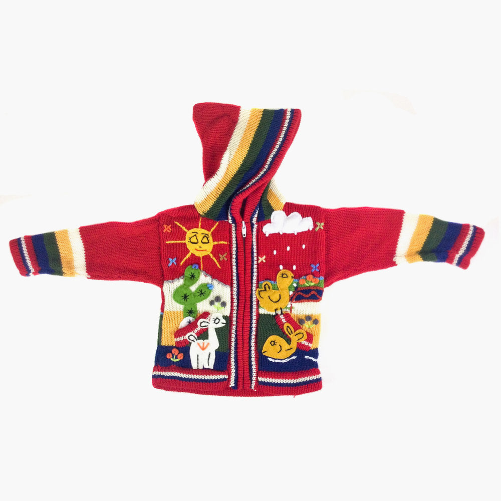 A red children's cardigan with colorful embroidered animals and plants on the sleeves and front.