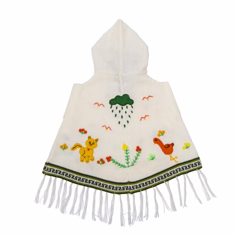 White and Green Children's Ponchos With Hood