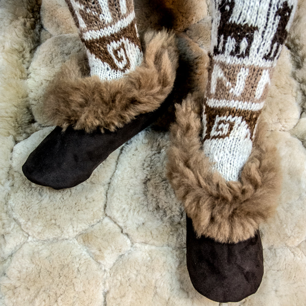 Adults' Alpaca Fur Slippers, 'Warm Way', With Brown Fur